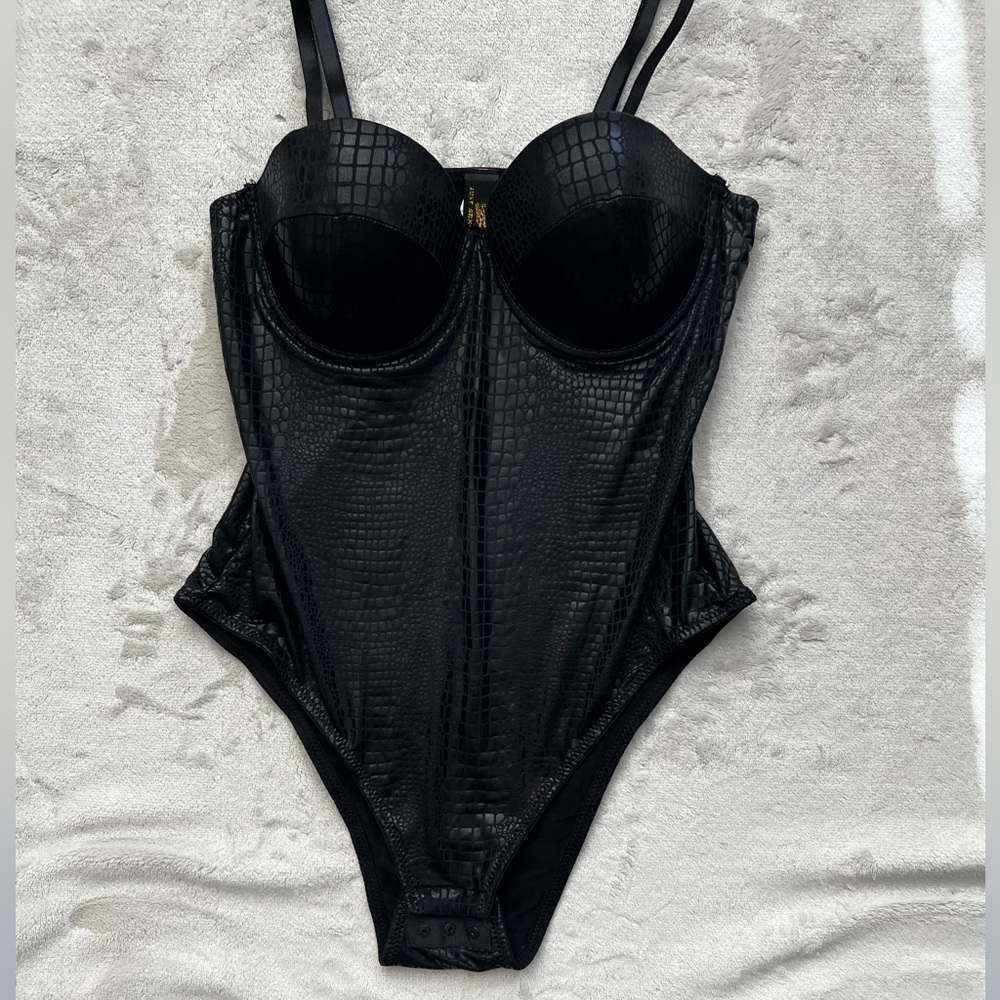 Just Sexy Black Bodysuit with Glossy Snake Print Pattern and Padded Cups